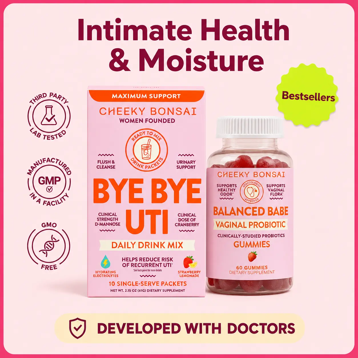 Women's Cheeky Bonsai 2-Piece Sexy Time Dietary Supplements Kit - Bye Bye UTI Drink Mix (UTI Prevention, Antioxidant, Hydration) & Balanced Babe Vaginal Probiotics Gummies (pH Balance) for Intimacy Support, All-Natural, Supplement Routine, Gut Support