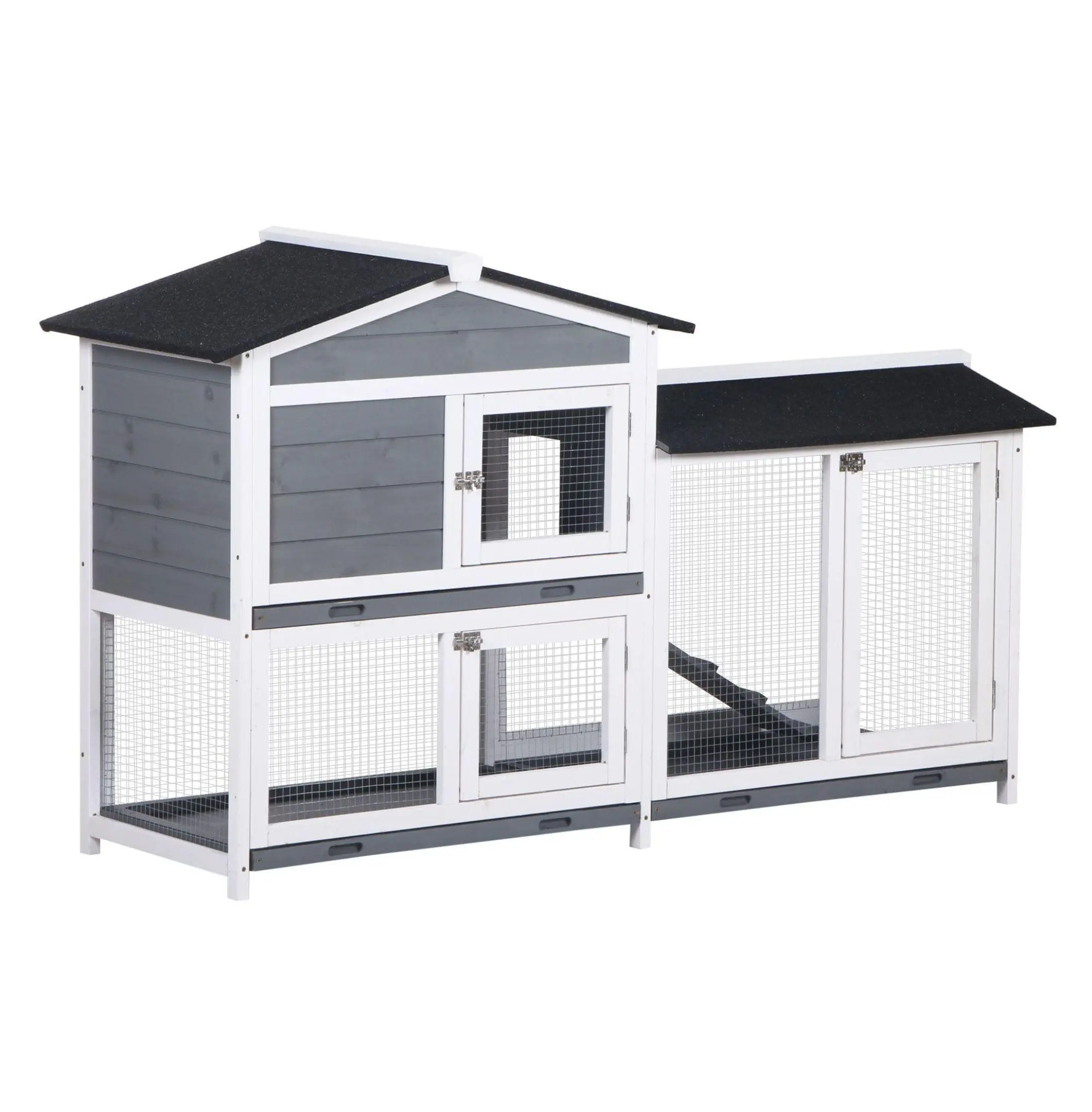 Rabbit Hutch 2-Story Wooden Bunny Cage with Ramp - Weatherproof Outdoor House for Small Animals - Gray