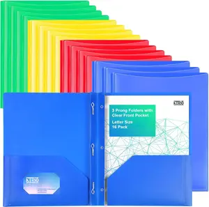 KTRIO Plastic Folders with Clear Front Pocket, 16-Pack Heavy Duty 3 Prong Folders, Letter Size Water-Resistant Polypropylene Organizers for School, Office & Home, 4 Assorted Colors