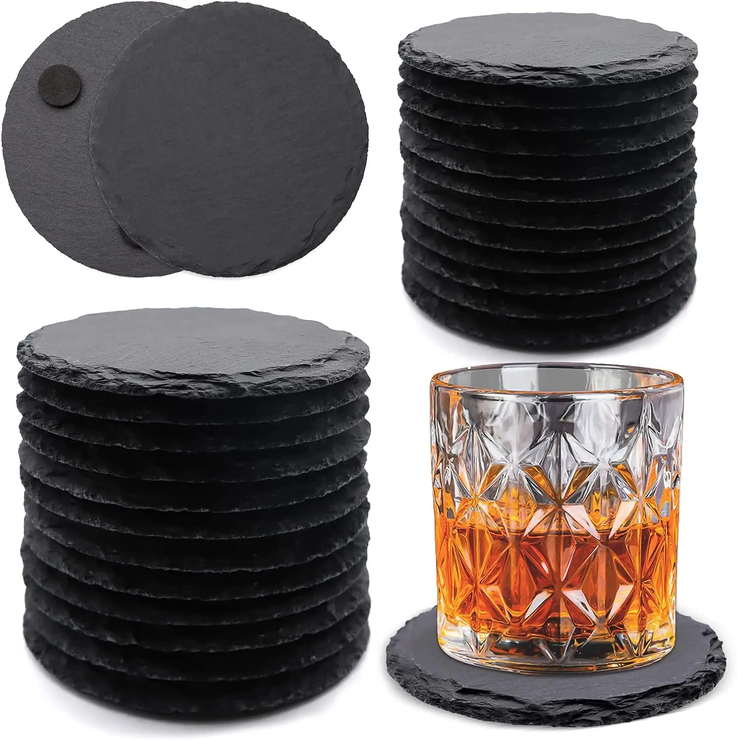 24 Pack Black Slate Coasters 4 Inch Round for Laser Engraving, DIY Engraving Blanks, Natural Stone Drink Coasters