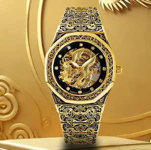 EAMO Luxury Gold-Tone Men's Mechanical Watch with Hand-Engraved Chinese Dragon Motif Auto-Winding 50M Water Resistant Sapphire Crystal Glass