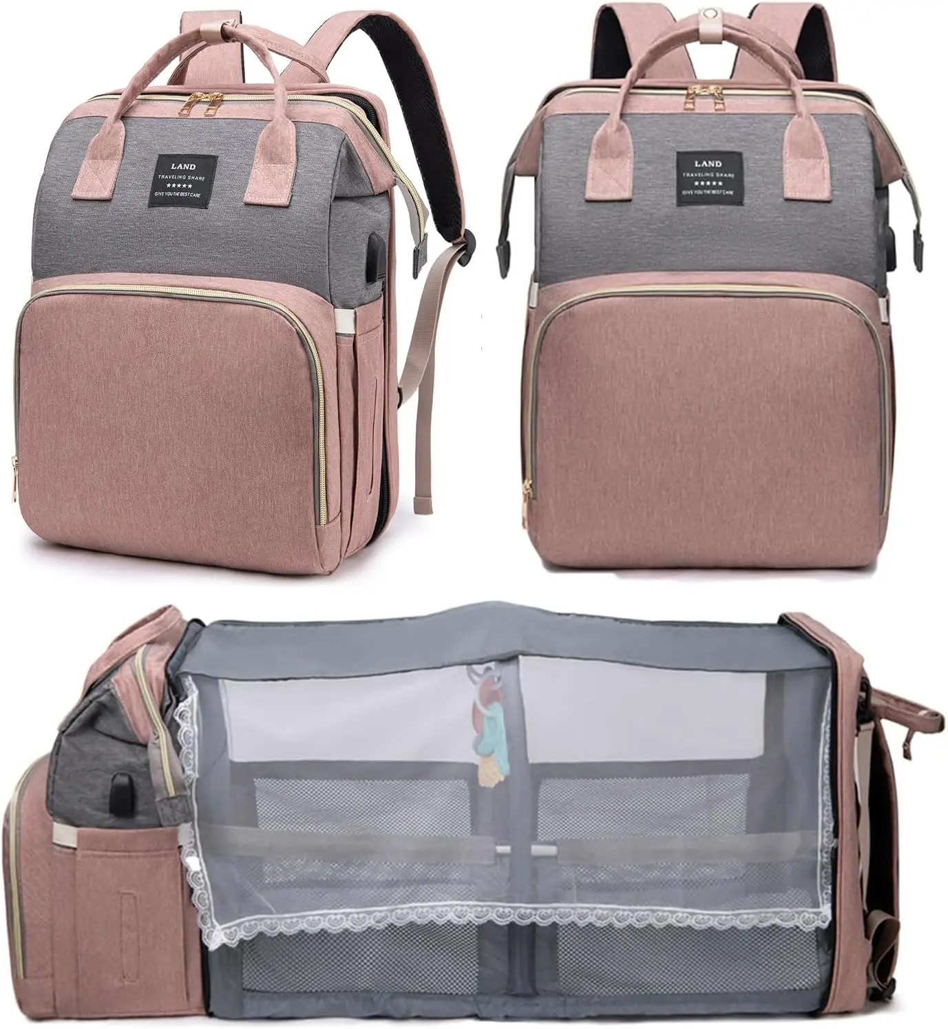 Multifunctional Diaper Bag Backpack with Built-in Changing Station, Large Capacity Travel Baby Bag for Mom & Dad, Insulated Pocket & Extra Strap Included, Baby Diaper Backpack for Boys Girls