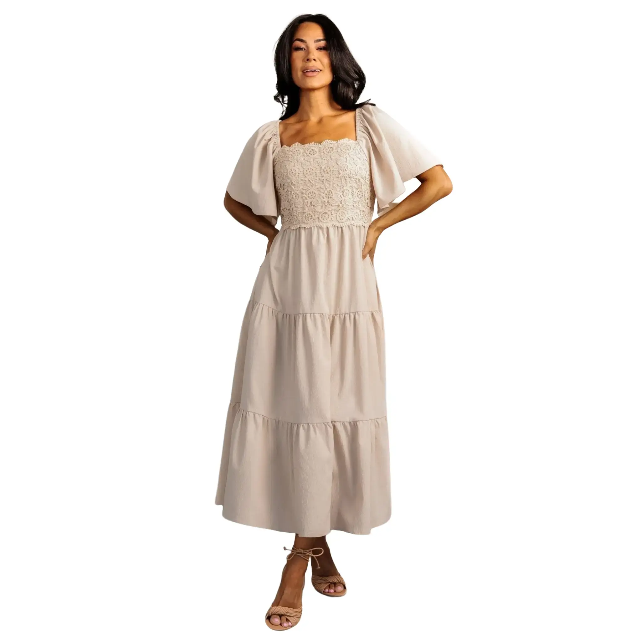 Women's Chiffon Straight Fauna Lace Short-Sleeve Dress - Adjustable, Elegant Natural Feminine Casual Garment with Pockets, Premium Fabric