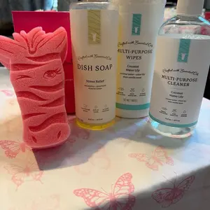 Pink Zebra 4-Piece Cleaning Kit – Includes All-Purpose Cleaning Solution, Disinfectant Wipes, Dish Soap, and Kitchen Sink Scrub Sponge. Pick the scents you want for each item!