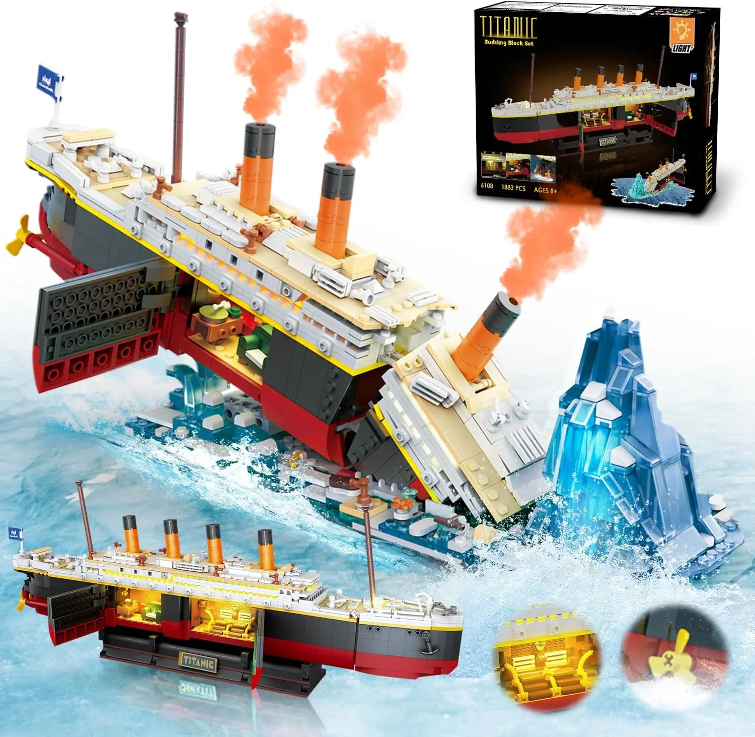 Titanic Building Set with LED Light, 2 in 1 Titanic Ship Mini Building Block 1883 PCS, Glacier Display Stand, Building Brick Toy for Ages 10-12+