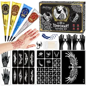 Temporary Tattoo Stencil Kit, 4 Pcs Tattoo Cones 4 Color (Black/Maroon/Cherry Red/Blue) 44 Tattoos Templates and Cotton Swabs, DIY Body Art Skin Painting Designs for Valentine's Gifts