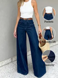 Women's Elastic Fit Solid Deep Blue/denim Jeans, High Waist Wide Leg Pants, Elegant and Stylish, Perfect for Casual Outing, Summer Travel, Office Wear, Womenswear