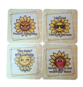 Set of 4 Neoprene Coasters with Sunflower Designs - Durable & Vibrant - Protect Your Surfaces with Sarcasm-Filled Artwork - 4" Square Size - Made to Order