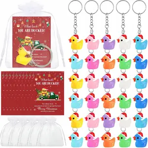 Christmas Resin Duck Keychains Set, 30/15/3 Pieces, Transparent Glass Bag, Employee Team Gift, Mini Ducks, Party Favors, New Year 2026, Keychain Kawaii