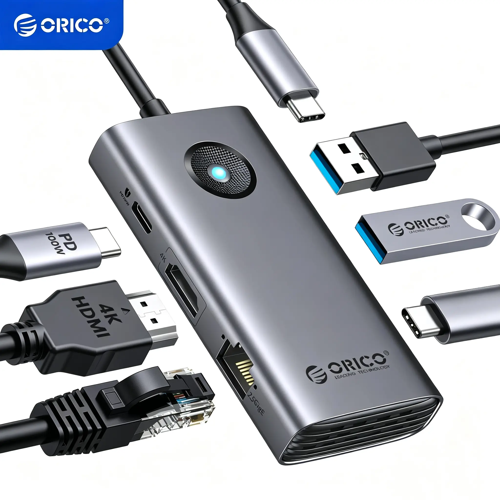 ORICO USB C Docking Station, 6-in-1 Laptop Docking Station with HDMI 4K@30Hz, 100W PD, USB-A&C 3.0, USB C Dock Compatible with MackBook/Dell XPS/HP/Surface