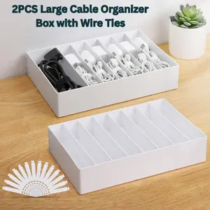 2PCS Large Cable Organizer Box with Wire Ties – Plastic Cord Management Box with 8 Compartments, Stackable Charger Organizer for Desk, Home, Office, Drawer & Stationery Storage