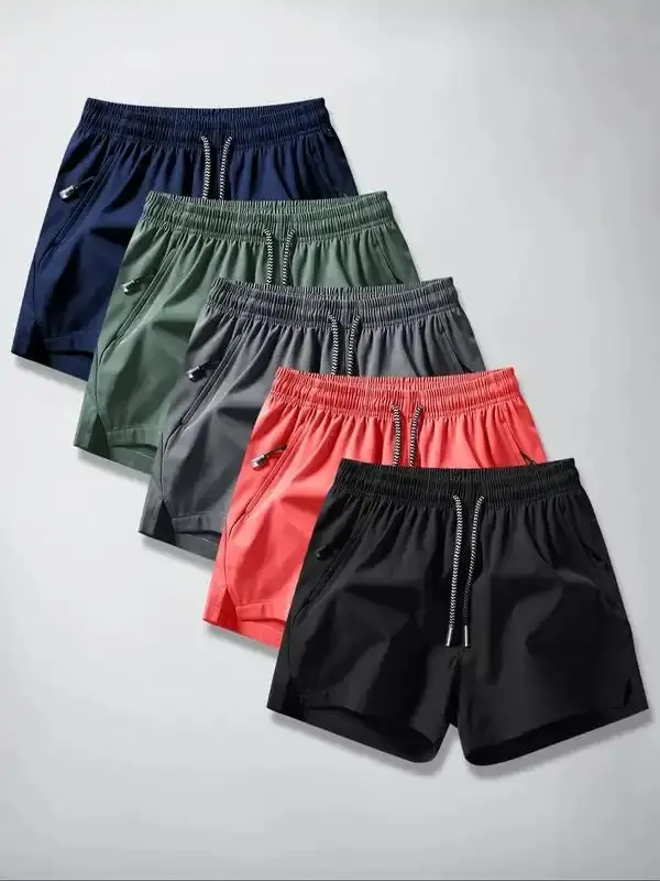Men's Solid Drawstring Waist Split Hem Shorts, Casual Breathable Athleisure  Active Wear  Zipper Pocket Shorts Sports Wear for Summer, Daily Wear Shorts for Men, Wear Gym Shorts