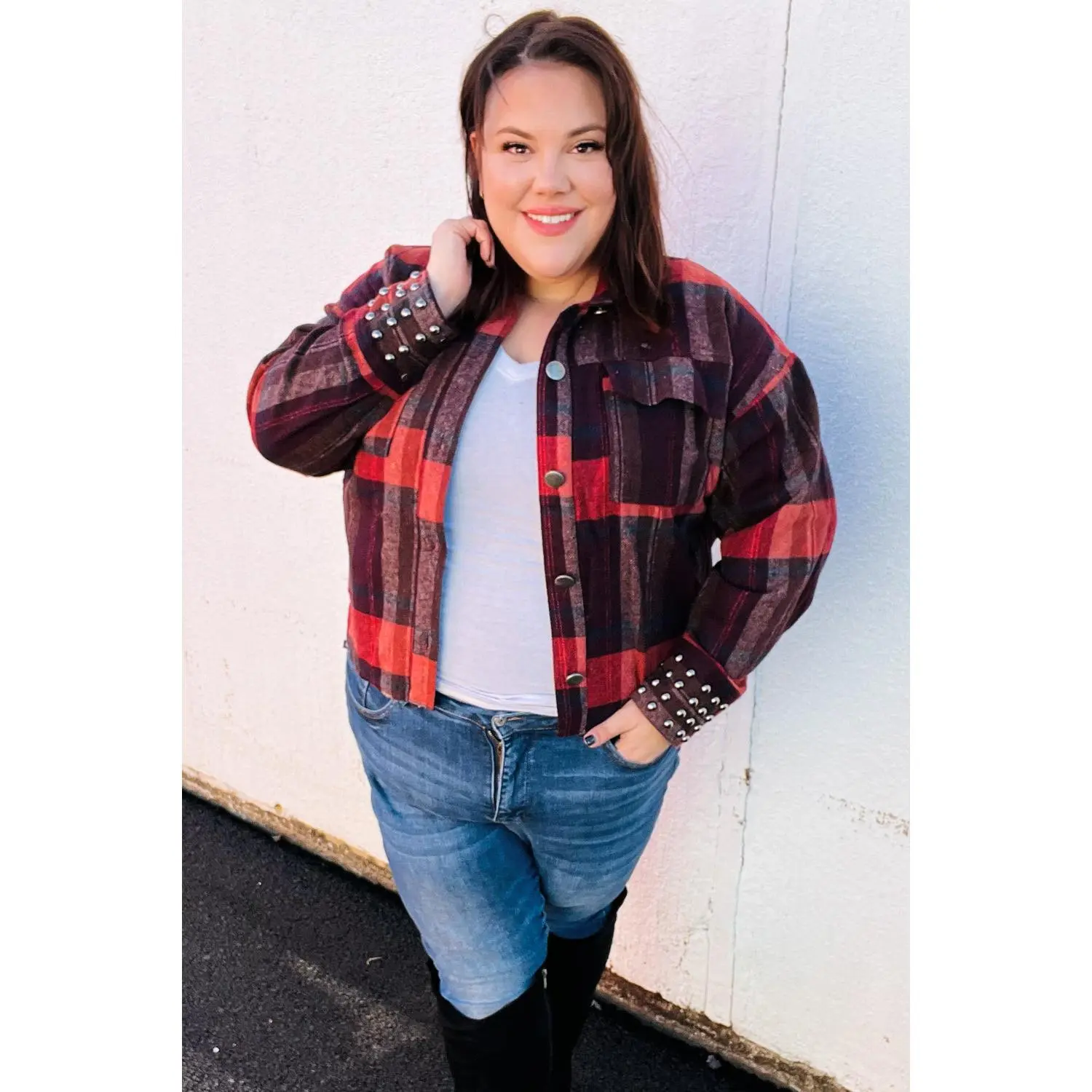 City Streets Burgundy & Rust Plaid Studded Cropped Jacket