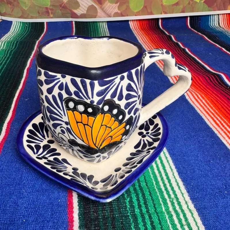 Talavera Heart Mug with Butterfly Design in Cobalt Blue Ceramic Set for Coffee or Tea
