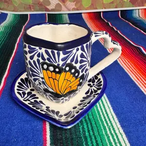 Talavera Heart Mug with Butterfly Design in Cobalt Blue Ceramic Set for Coffee or Tea