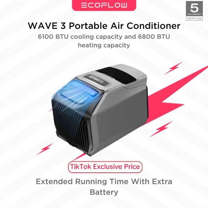 EF ECOFLOW WAVE 3 Portable Air Conditioner, 1800W/6100 BTU Cooling and 2000W/6800 BTU Heating, 1000W Fast Charging in 75 mins, 8H Wireless Running, APP Control, for camping, RVs