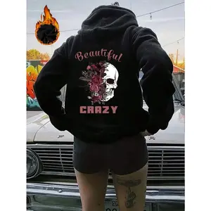 Beautiful Crazy Skull And Flowers Printed Hoodies Street Women Sweatshirts Fleece Warm Pullover Crewneck Loose Female Clothes