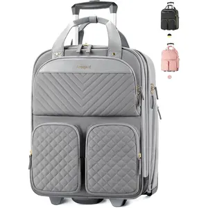 Underseat Carry On Luggage with Wheels, Multiple Compartments Airline Approved Personal Item Bag with Leather Handle, Lightweight Travel Carry-On Rolling Suitcase for Women Men, Grey, L