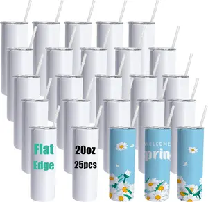 AGH 25pcs 20oz Flat Edge Matte White Sublimation Tumblers Bulk Stainless Steel Blanks Coffee Cups Water Bottles Eco-Friendly Portable Drinkware