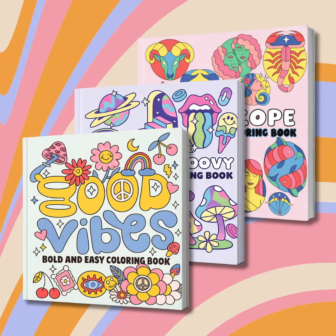 3-Pack Retro Vibe Paper Coloring Books Bundle - Office Stationery Art Supplies with Zodiac Artwork, Psychedelic Designs, Thick Lines, Relaxing Stress Relief, Creative Fun, Crayon Compatibility