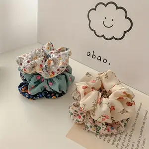 5pcs Vintage Large Scrunchies, Elegant Floral Fabric Ponytail Holders, Sweet Style Hair Accessories For Women