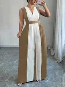 Women's Plus Size Fashion Chic Spring Summer New V Neck Sleeveless Waist Cinching Jumpsuit, Pleated Flared Hem Slimming, Commute
