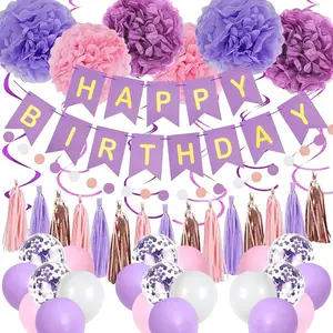 Purple and Pink Party Decorations for Women and Girls-Happy Birthday Banner, Hanging Swirls, Tissue Paper Pompoms, Circle Dots Garland, Tassel Garland, Purple Balloons
