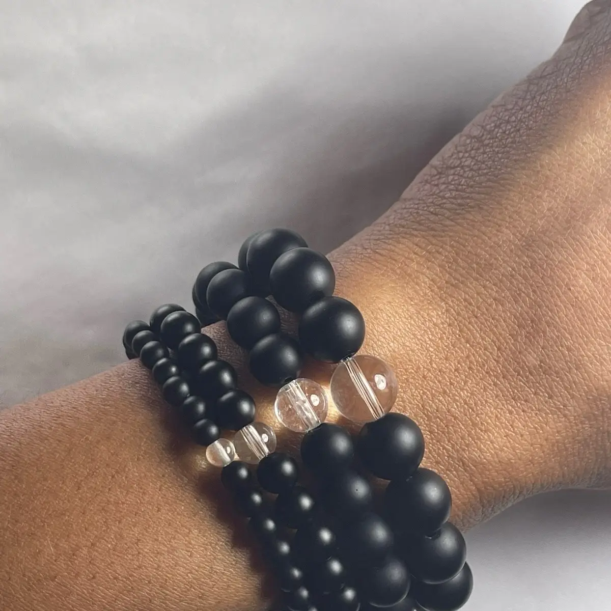 Blackout Bracelet Natural Crystal - Black Beads with Clear Accent, Elegant Design for Versatile Wear