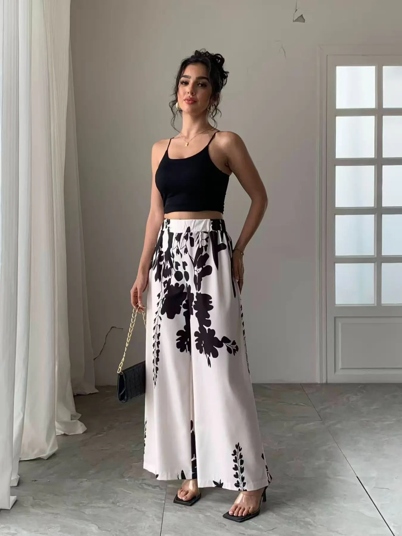 Elegant Summer Women's Pants, Fashionable Chic Loose Fit High-End Floral Printed Bell Bottoms, Perfect for Commuting and Daily Wear, Boho Casual Pants