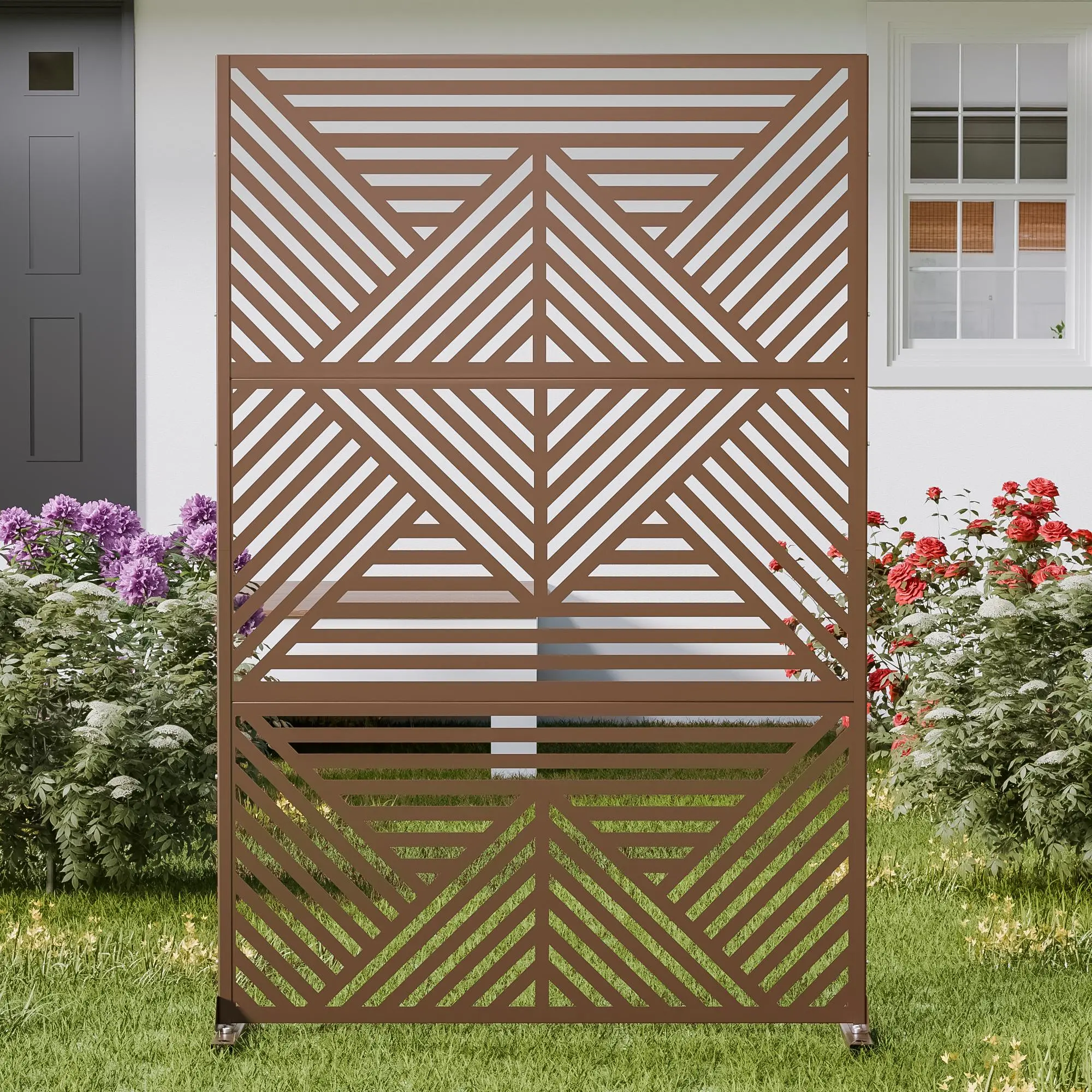 6ft Outdoor Metal Privacy Screen Panel with Stand, Decorative Galvanized Steel Fence Divider for Patio, Backyard & Garden, Weather Resistant Modern Mountain Pattern, 72" x 47" x 16"