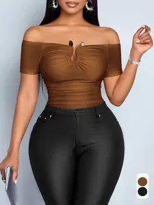 Women's Summer Casual Style Plus Size Solid Color One Shoulder Short Sleeve Blouse Top, Fitted Fashionable Women's Clothing for Daily Wear