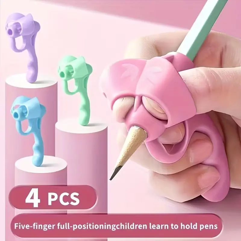 4-Pack Five-Finger Pen Gripper for Kids, Writing Correction Aid, Toddler Finger Silicone Helper, Portable Pencil Holder, Writing Stationery, Study Tool