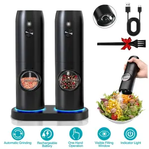 Rechargeable Electric Salt & Pepper Grinder with Charging Base  Automatic Mill, LED Light, Adjustable Coarseness, One-Hand Operation