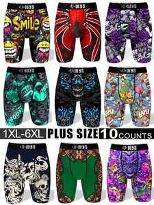 Random 10-Pack Plus Size Men's Long Briefs, Novelty Boxer Briefs, Breathable Sport Underwear, Moisture-Wicking, Halloween Print, Quick-Dry, Comfortable Casual Pants