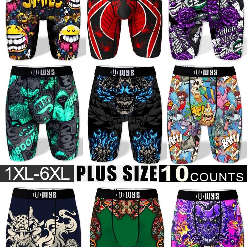 【Black Friday】Men’s Plus-Size 10-Pack Boxer Briefs, Sizes 1XL–6XL, Comfortable Moisture-Wicking Quick-Dry Underwear with Randomly Assorted Festive, Halloween, and Novelty Prints for Casual Wear and Sports