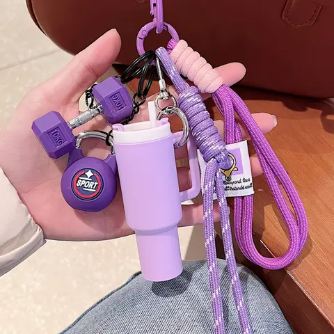 Girly Mini Water Cup Keychain Pendant with Dumbbell and Kettlebell Charms, Braided Strap Keychain for Students and Commuters, Attaches to Backpacks or Key Rings for Daily Use, Key Accessories