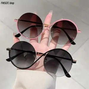 Unisex Retro Round Semi-Rimless Sunglasses, Gradient Lens UV400 Protection, Lightweight Fashion Shades for Driving, Daily and Outdoor Wear