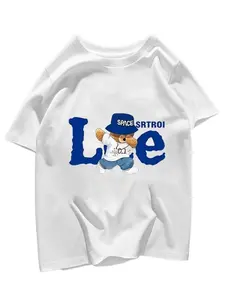 Space Brand Cartoon Bear Love Print T-Shirt, Unisex Casual Short Sleeve Top, Fitted Style, All Seasons, Trendy and Versatile
