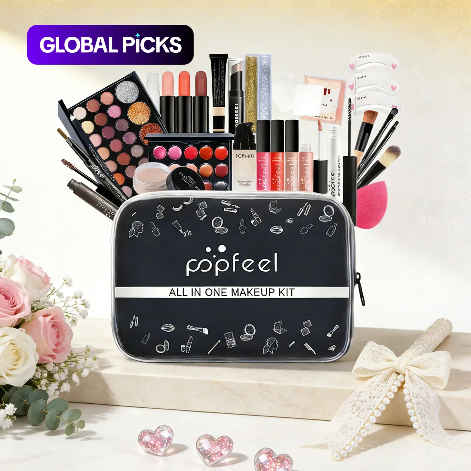 Popfeel Makeup Set, Full Cosmetics Kit with Eyeshadow, Lip Gloss, Lipstick, Brow Dye, Mascara, Makeup Brushes, Concealer, and Bag, Gift Box #GLOBAL PICKS