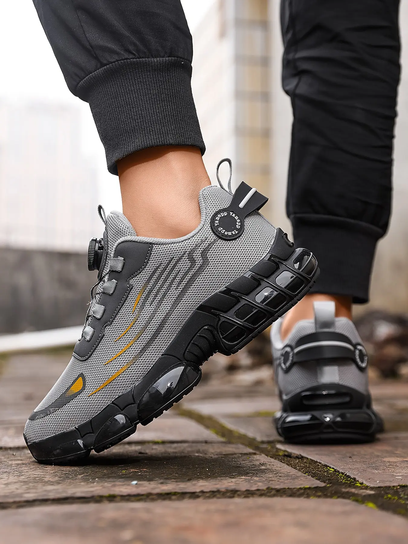 Warrior Functional Men's Sports Shoes, Sporty Athletic Running Shoes, Trendy Running Shoes, Fashionable Running Shoes, Button Quick Lace Design, Fish Scale Mesh Breathable Running Sneakers, Thick Sole Shock Absorption