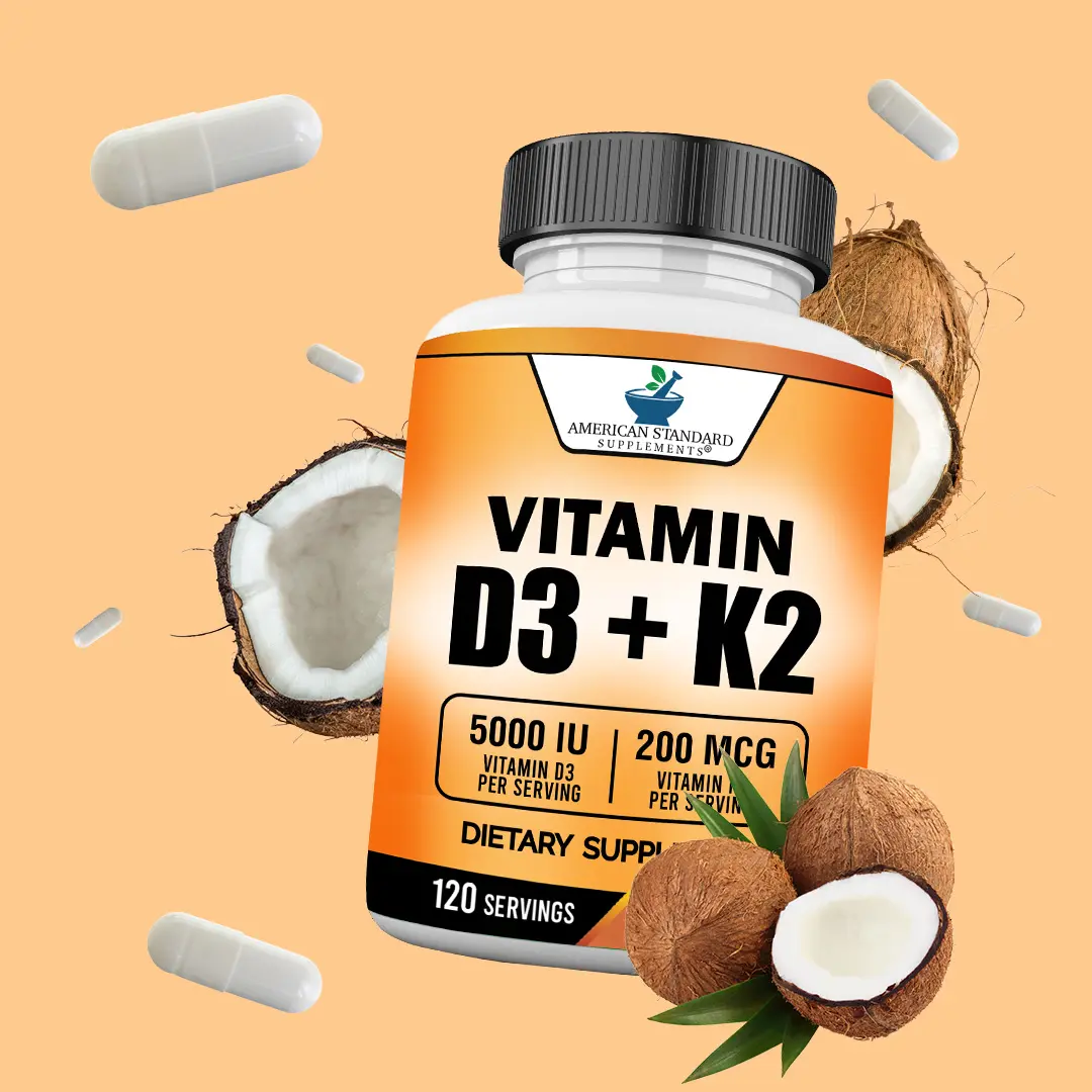 American Standard Supplements Vitamin D3 5000 IU (125mcg) Plus Vitamin K2 (MK7) 200mcg Per Capsule - Gluten Free, Non-GMO, 120 Capsules, 120 Servings, 120 Day Supply