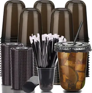 100/50 Set 16oz 500ml Disposable Plastic Cups with Lids & Straws | Black & Clear Iced Coffee Cups for Cold Drinks, Slushie, Smoothie, Lemonade | Round Bottom Design | Party & Coffee Shop Supplies