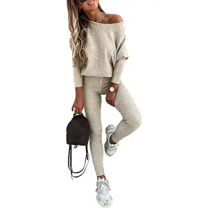 2-Piece Lounge Outfit 2025 Long-Sleeve Knit Pullover Top + Drawstring Pants Tracksuit/Sweat Suit