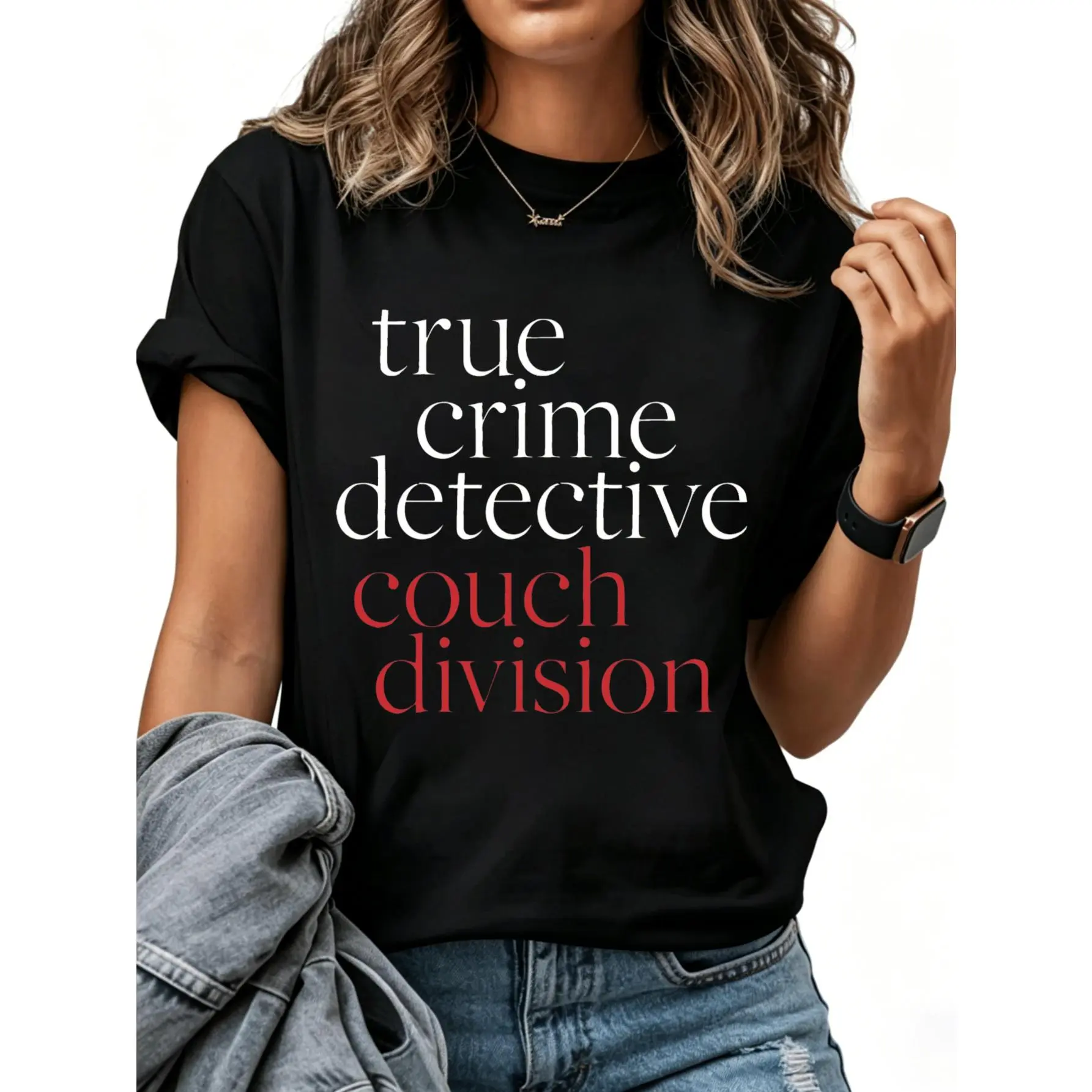 "True Crime Detective" Bright Red Font "Couch Division" T-Shirt