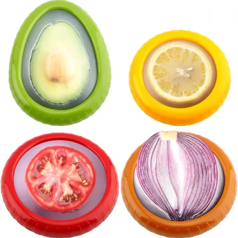 Silicone Airtight Crisper Containers Set (4-Piece) - Reusable Kitchen Gadgets with Elastic Food Covers, Fridge Storage Solutions, Fruit Organizer for Produce Freshness & Flavor Separation