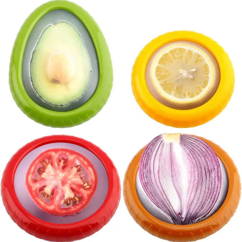 Silicone Airtight Crisper Containers Set (4-Piece) - Reusable Kitchen Gadgets with Elastic Food Covers, Fridge Storage Solutions, Fruit Organizer for Produce Freshness & Flavor Separation