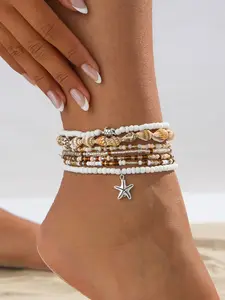 Women's Beach Vacation Style Starfish Pendant Shell Anklet Set, Coastal Charm, Fashion Beaded Ankle Chain Jewelry Accessories