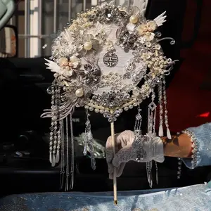 Chinese embroidered fan-white-come with stand