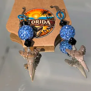 Florida Before Us Series Wire Wrapped Shark Tooth One of a Kind Handmade Earrings with Blue Beads and Black Accents