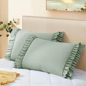 Ruffled Pillow Cases Standard Pillowcases(20x26), Decorative Ruffle Pillowcases - Sage Green Pillow Cases Set of 2, Scalloped Euro Sham Farmhouse Pillow Shams with Envelope Closure